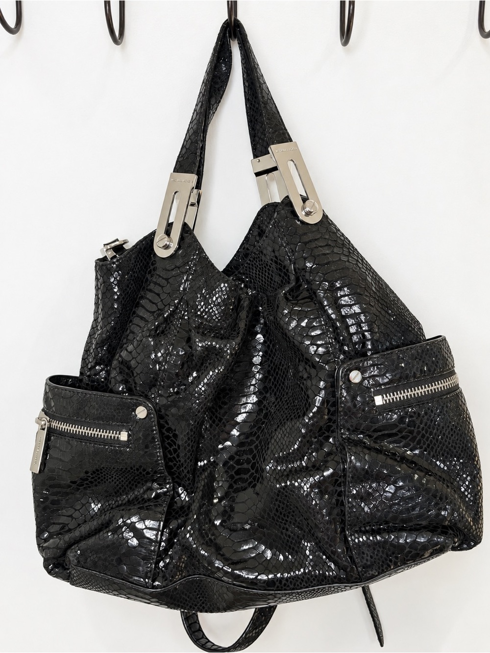 MICHAEL KORS Black Snake Textured Large Hobo Shoulder Bag Silver Hardware